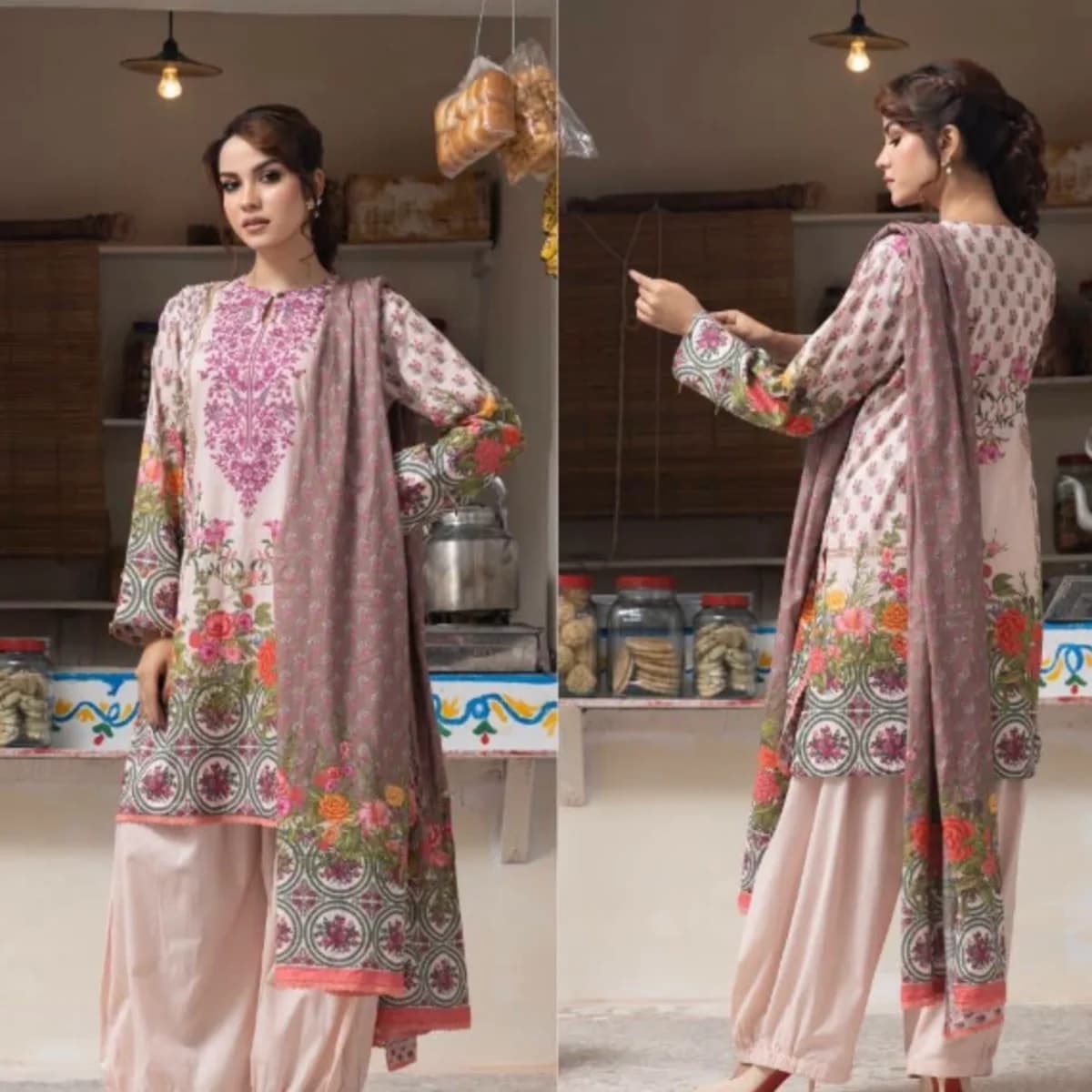 Rose Elegance Printed Three Piece